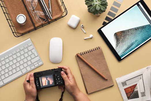 cluttered desk with gadgets