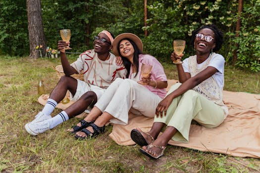 group of friends enjoying a picnic without phones